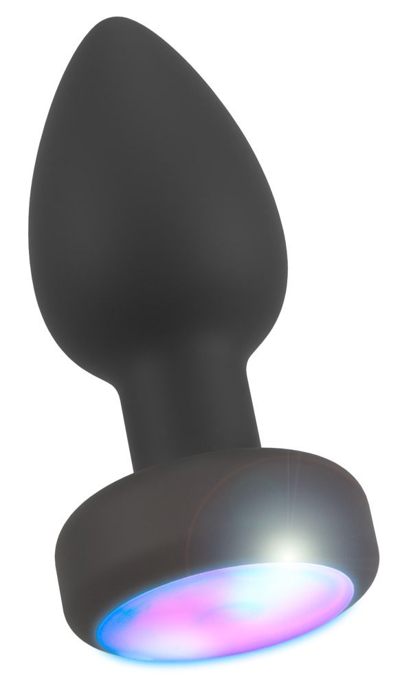 Bouchon anal noir avec base éclairée en bleu et rouge.