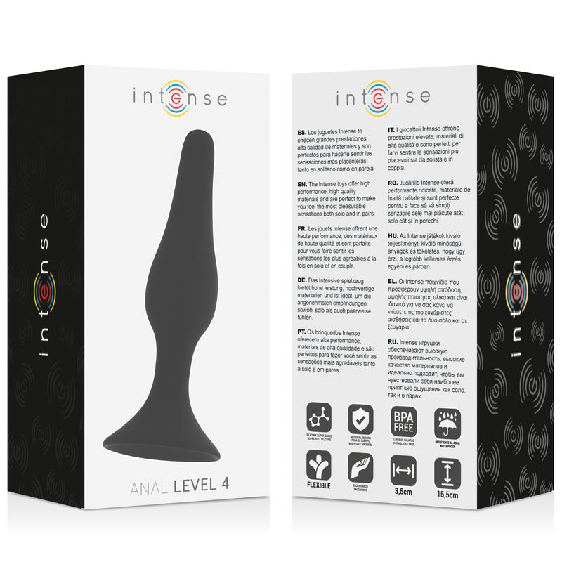Plug anal noir avec une base large et une pointe effilée. Sans BPA, flexible, 3,5 cm et 15,5 cm indiqués.
