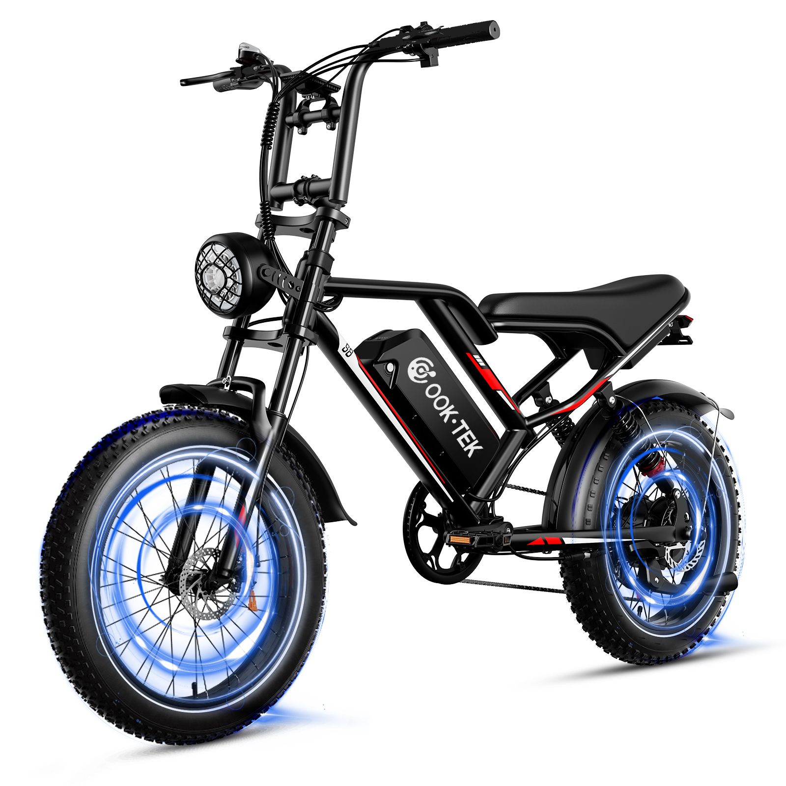 Vélo électrique noir à gros pneus. Effets de lumière bleus sur les roues. Logo OOK-TEK sur la batterie.