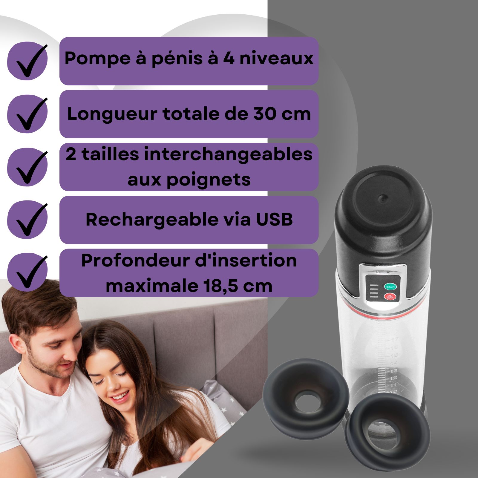 Pompe à pénis automatique, 4 niveaux d'aspiration. Longueur 30cm, profondeur 18,5cm. 2 manchons. Rechargeable USB.