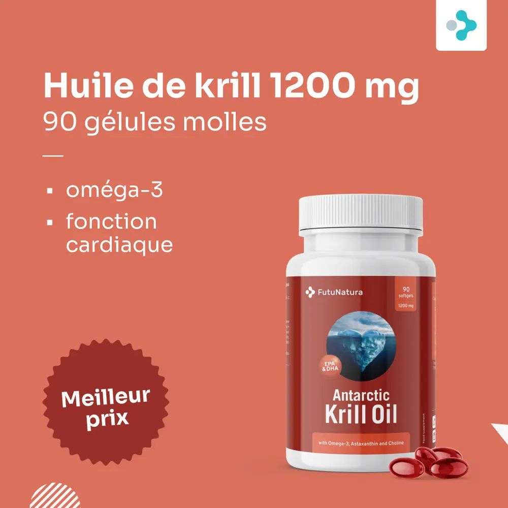 Flacon d'Antarctic Krill Oil et capsules rouges. Texte: oméga-3, fonction cardiaque.