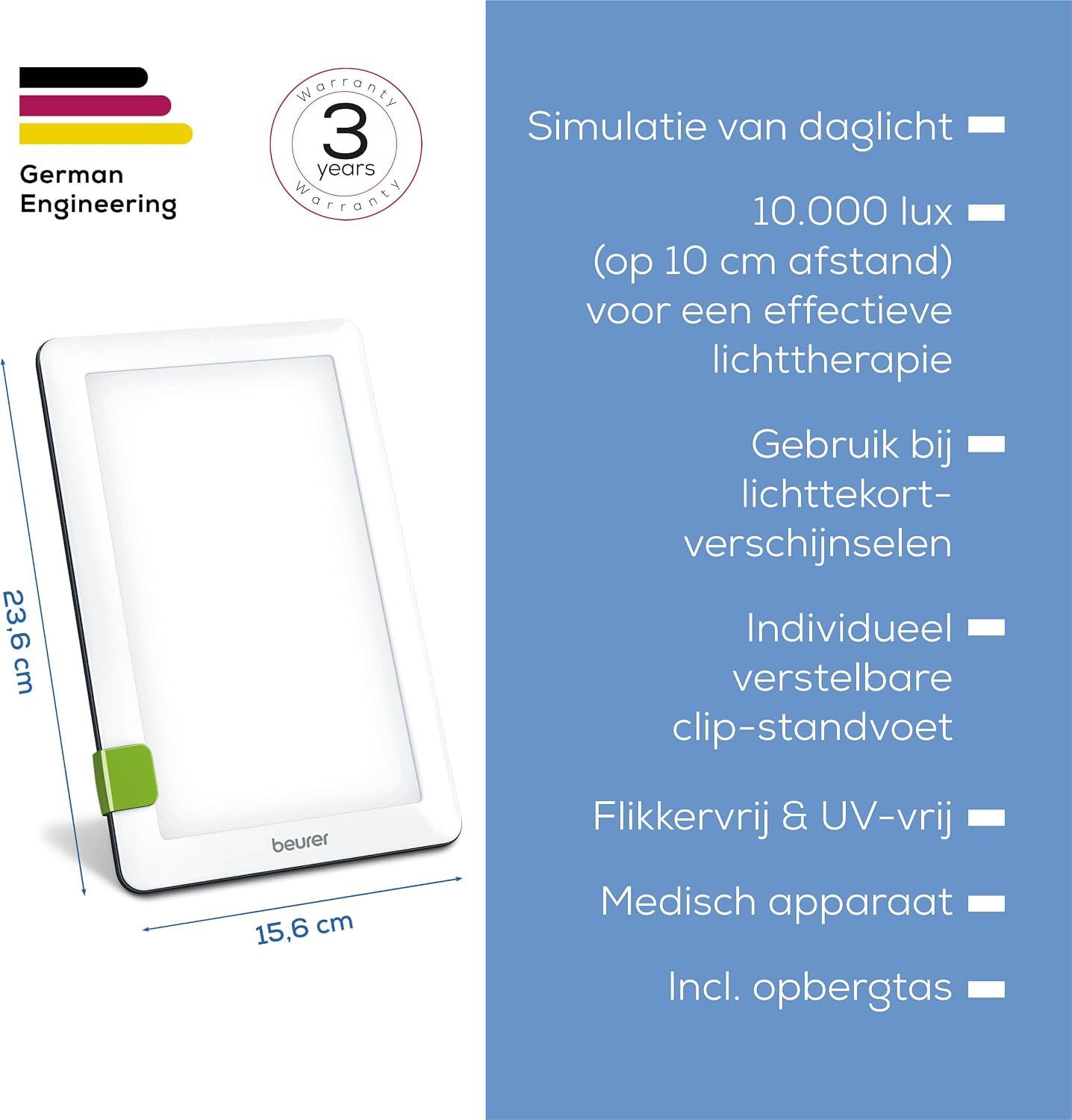Witte daglichtlamp, 23,6 x 15,6 cm, met standaard en opbergtas.