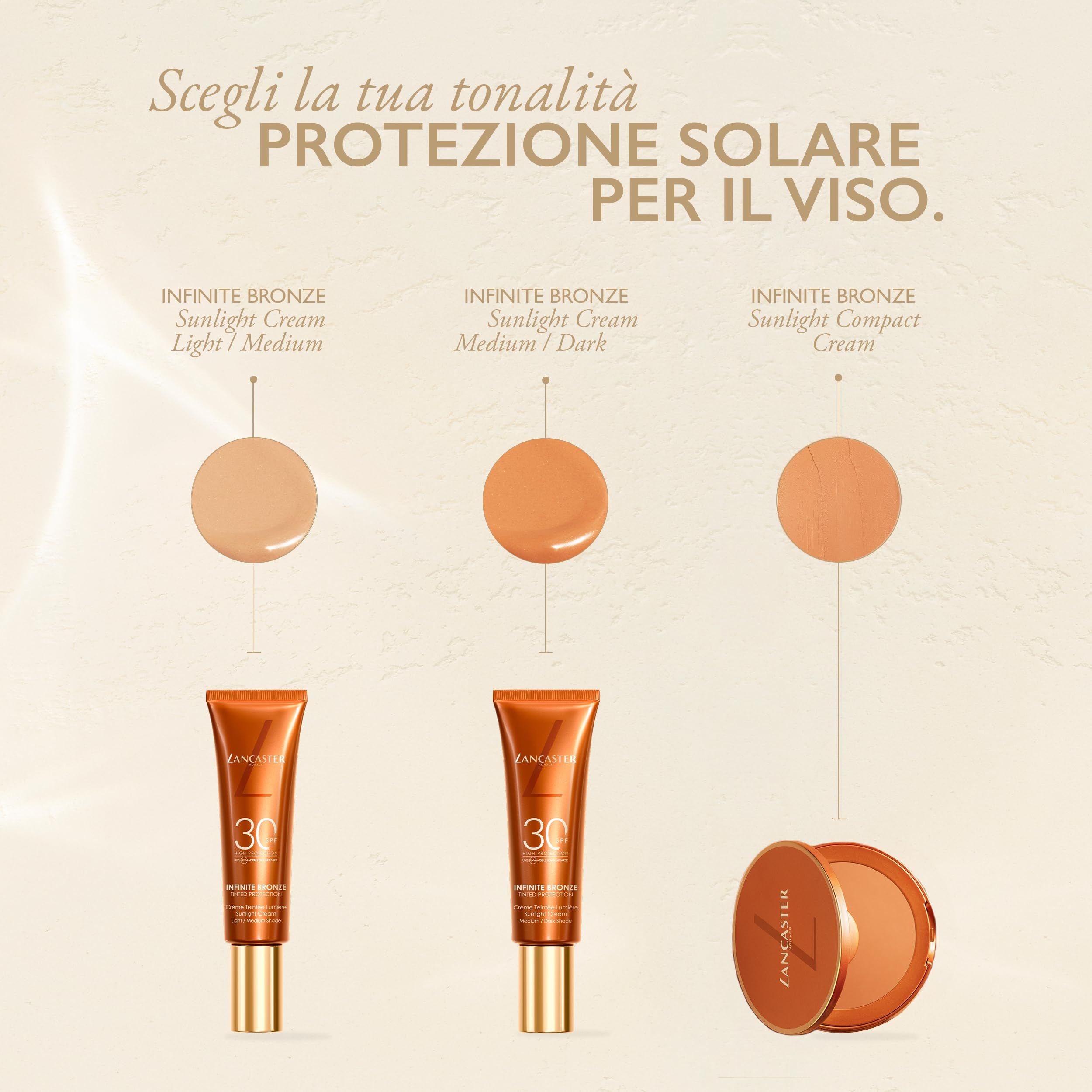 Lancaster Infinite Bronze Sunlight Cream SPF 30, tint Light/Medium. Bronzen tube met gouden dop.