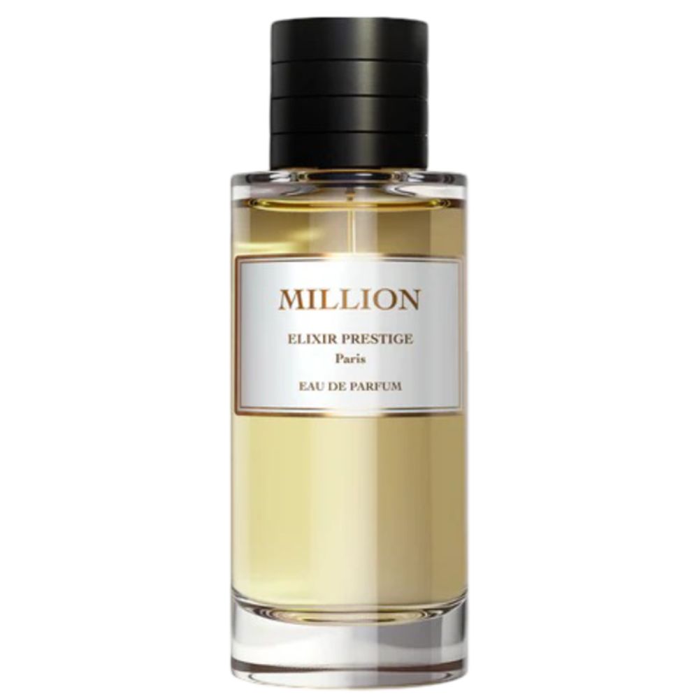 Parfumfles met zwarte dop. Wit etiket met "MILLION" en "ELIXIR PRESTIGE". Heldere vloeistof zichtbaar.