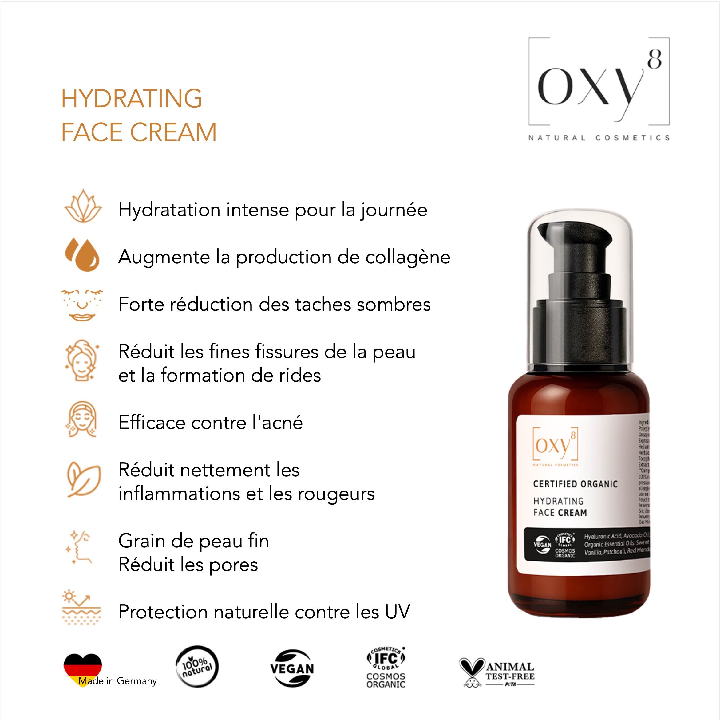 Flacon de produit avec texte. Texte: Hydrating Face Cream, oxy8, Certified Organic. Avantages et logos.