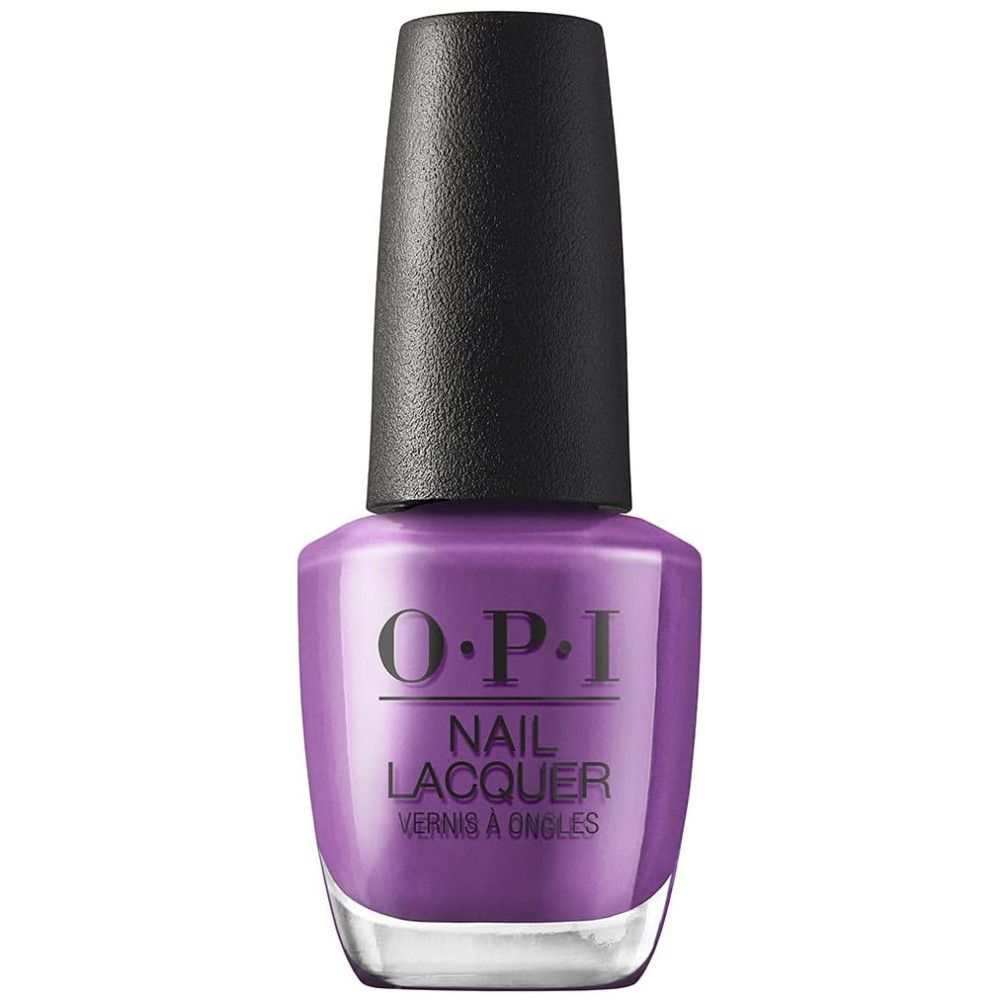Flesje nagellak. Paars, zwarte dop. OPI-logo.