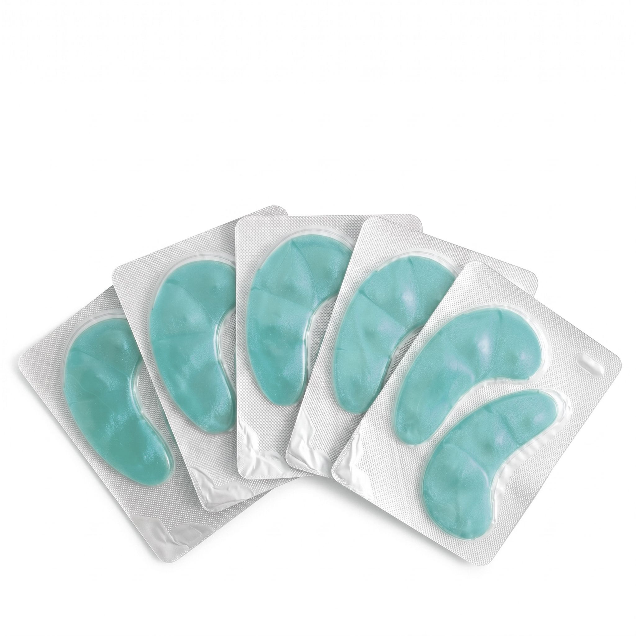 Vijf individuele verpakkingen met turkoois hydrogel oogpads, in waaierpatroon gerangschikt.