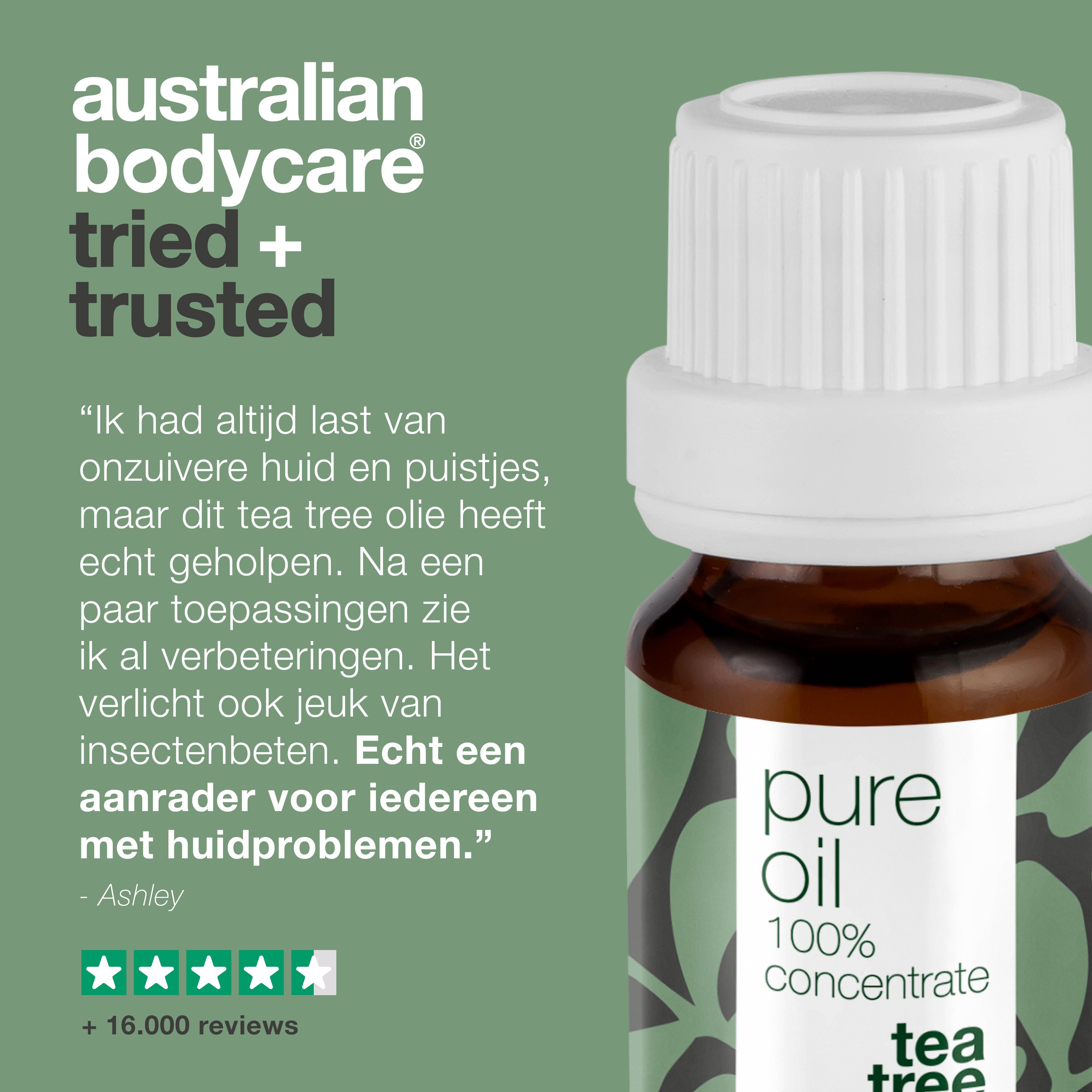 Getuigenis met tekst en sterrenbeoordeling. Fles met tekst: pure oil, 100% concentrate, tea tree oil, australian bodycare.