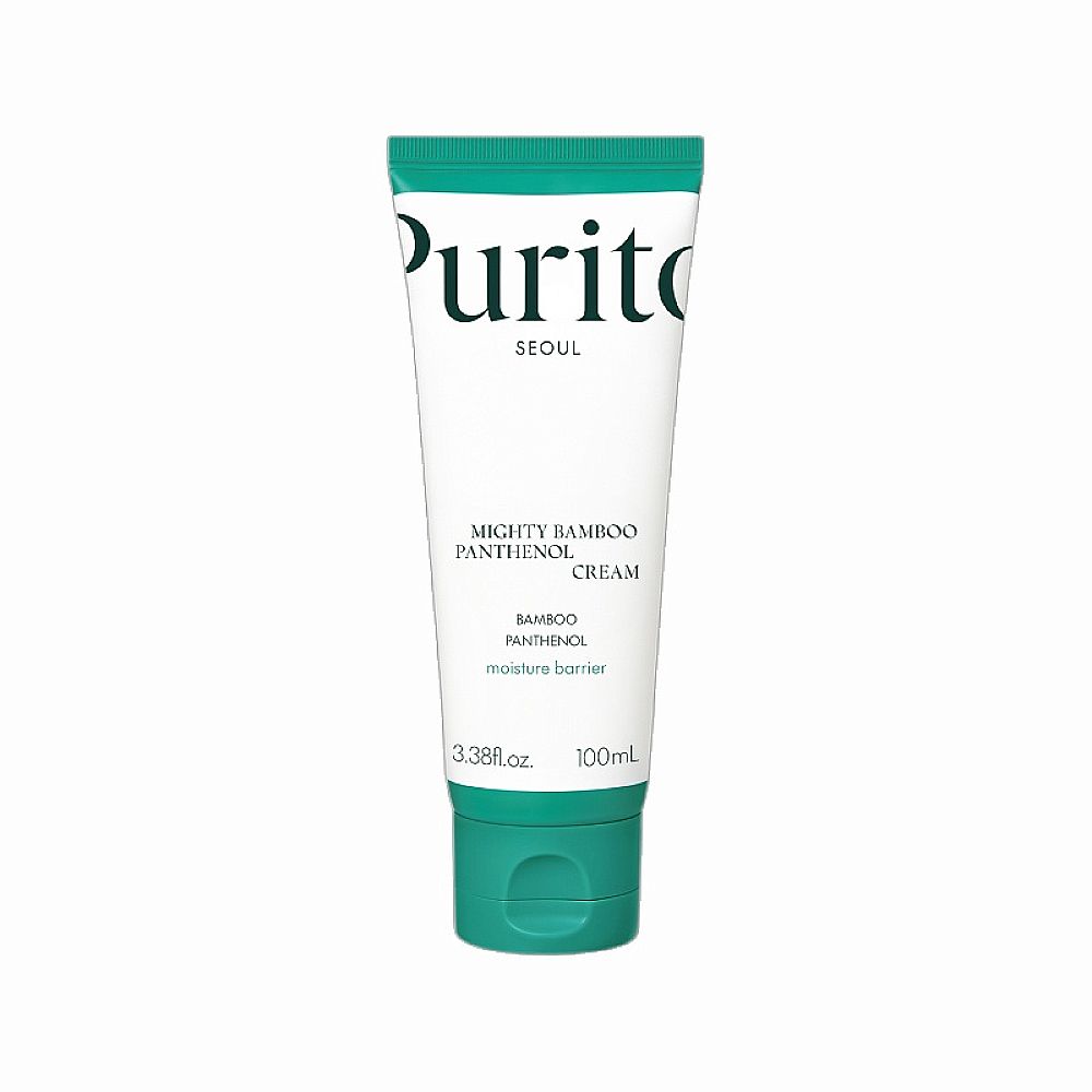 Crèmetube. Wit met groene dop. Opschrift: Purito Seoul, Mighty Bamboo Panthenol Cream. 100ml.
