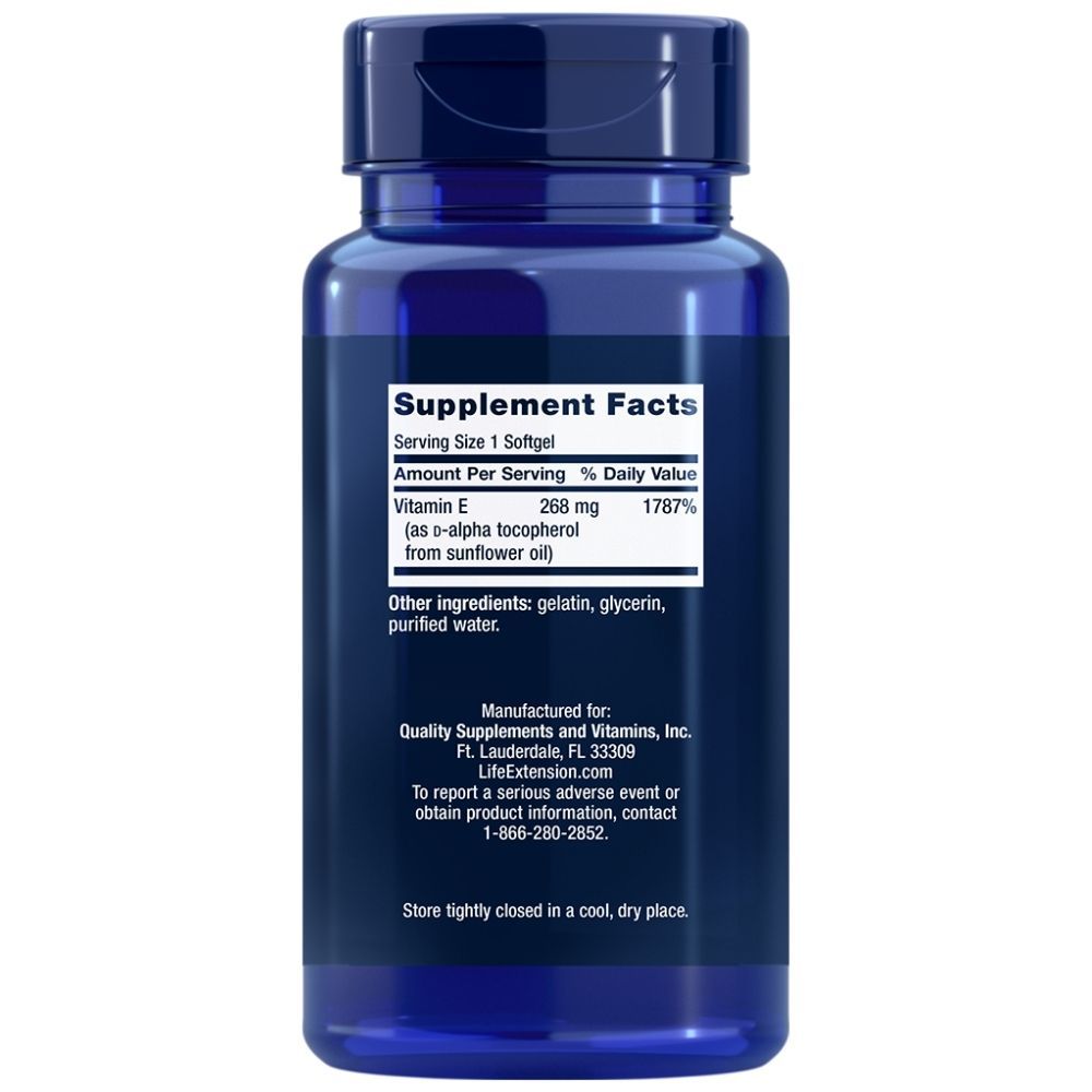 Contenant bleu avec capsules molles de vitamine E. Supplement Facts indiquent 268 mg de vitamine E (sous forme d'alpha-tocophérol d'huile de tournesol).