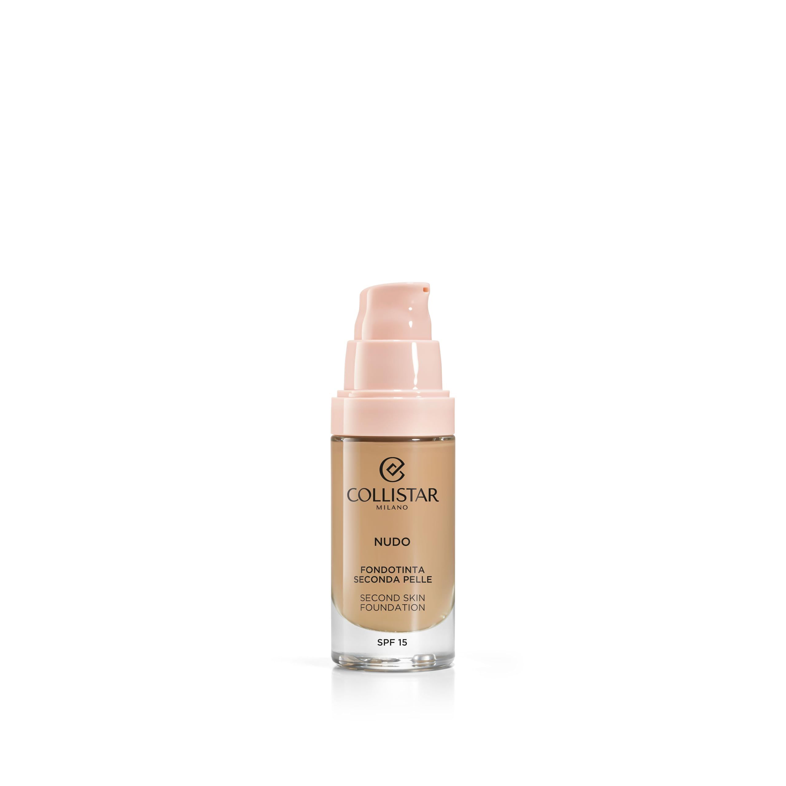 Flesje foundation. Roze dop en pomp, transparante basis. Opschrift: Nudo, Fondotinta Seconda Pelle, SPF 15.