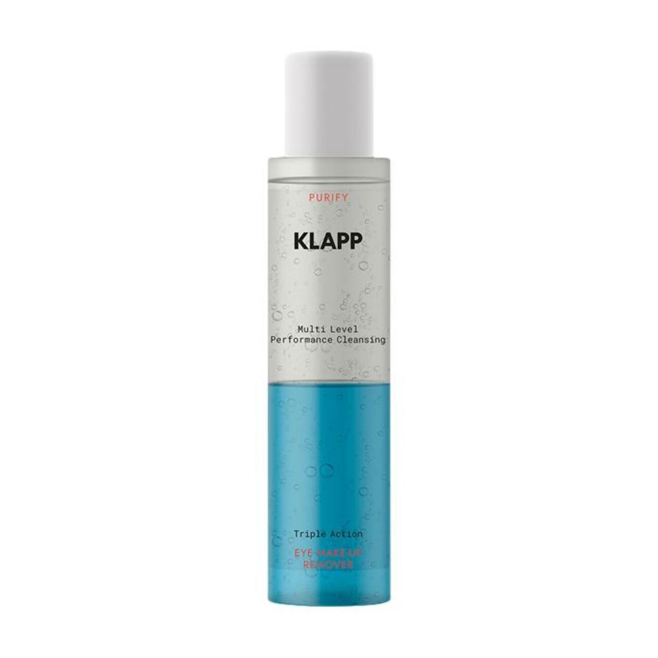 Productfles met blauwe inhoud en witte dop. Heldere vloeistof met belletjes.
