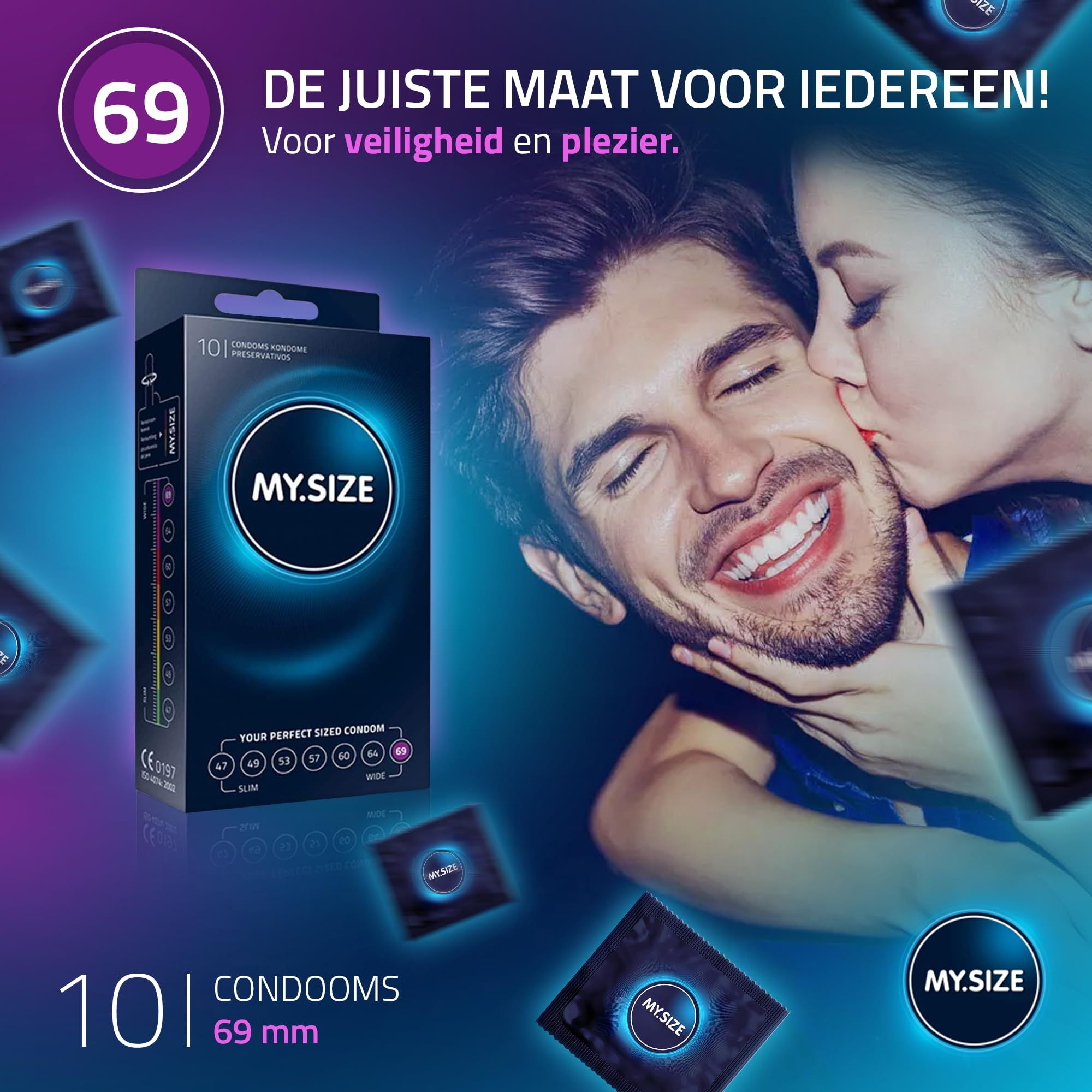 Promotionele afbeelding: koppel met verpakking van 10 MY.SIZE 69 condooms.
