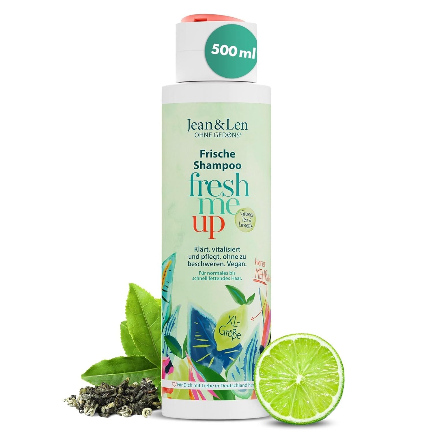Jean & Len Frische Shampoo. Bouteille avec étiquette verte, citron vert et feuilles de thé vert. Texte : Frische Shampoo, fresh me up. XL-Größe. 500 ml.