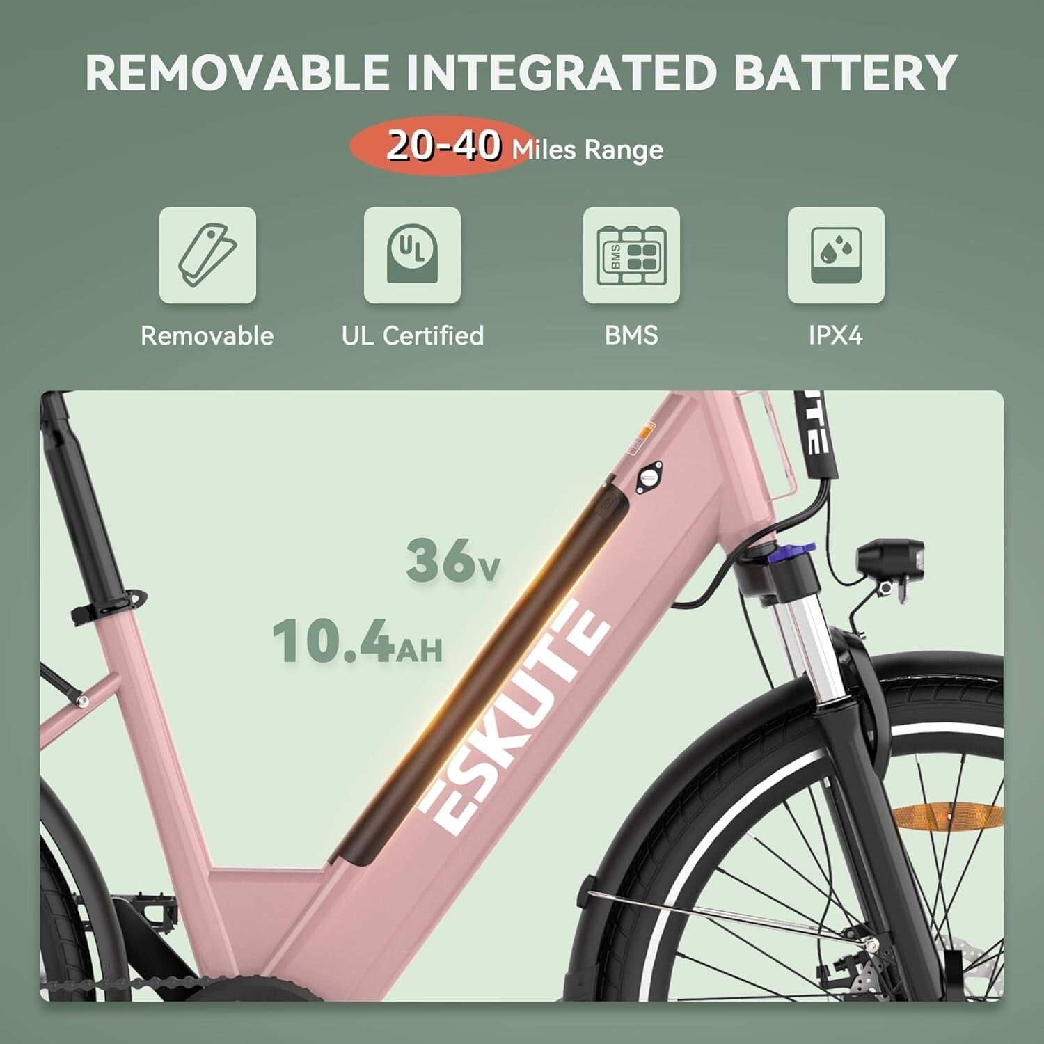Gros plan sur le cadre d'un vélo électrique rose. Montre la batterie avec 36V et 10,4Ah. Marque ESKUTE. Texte: Removable Integrated Battery.