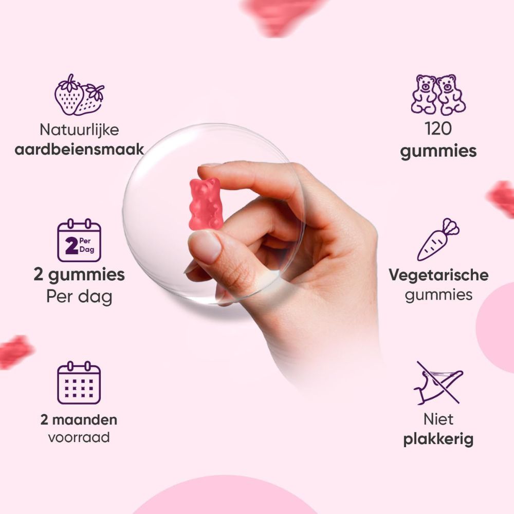 Hand die een gummybeer vasthoudt. 120 gummies. 2 gummies per dag. Aardbeiensmaak. Vegetarisch.