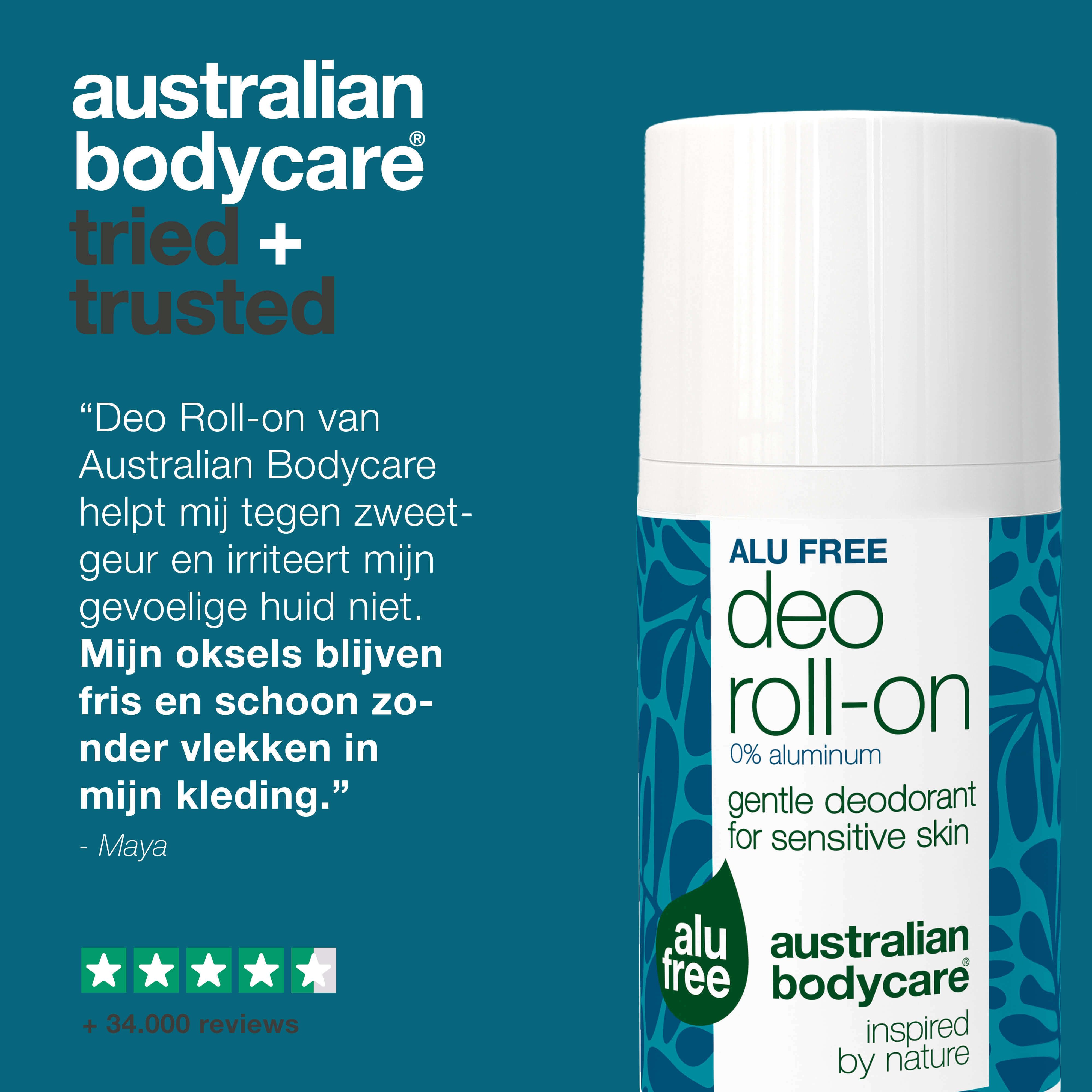 Deo Roll-on met citaat: Elimineert geur, irriteert niet, mijn huid blijft fris, mijn kleding schoon. Merk: Australian Bodycare.