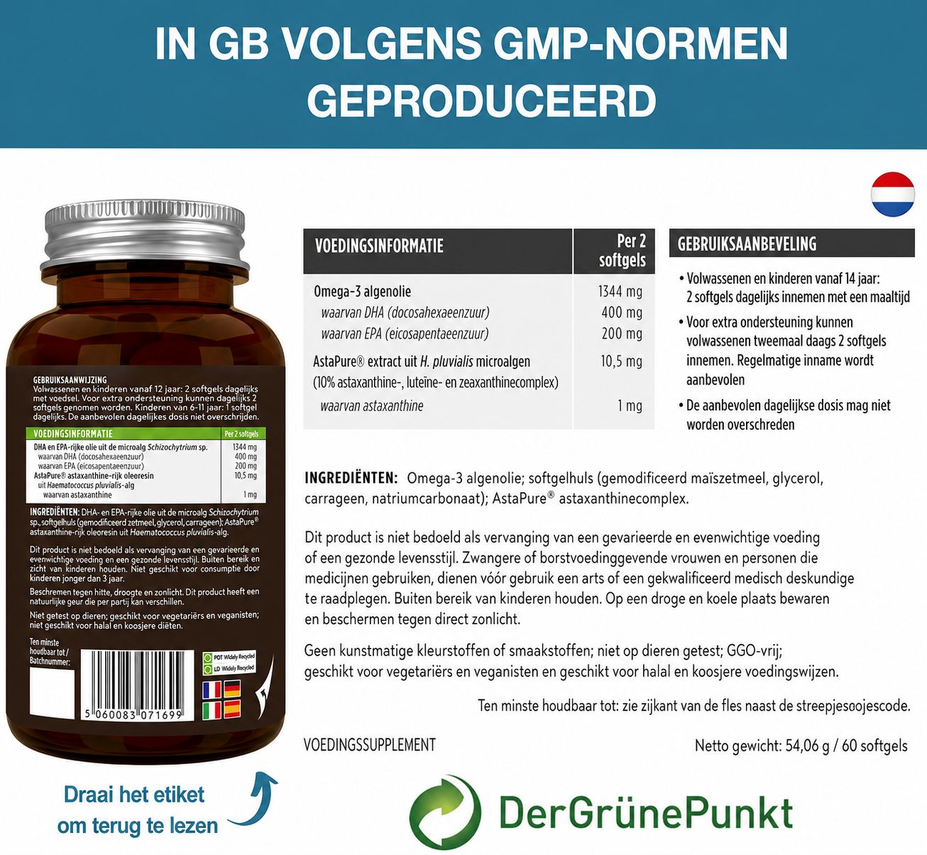 Geproduceerd in het VK volgens GMP-richtlijnen. Fles met etiket.