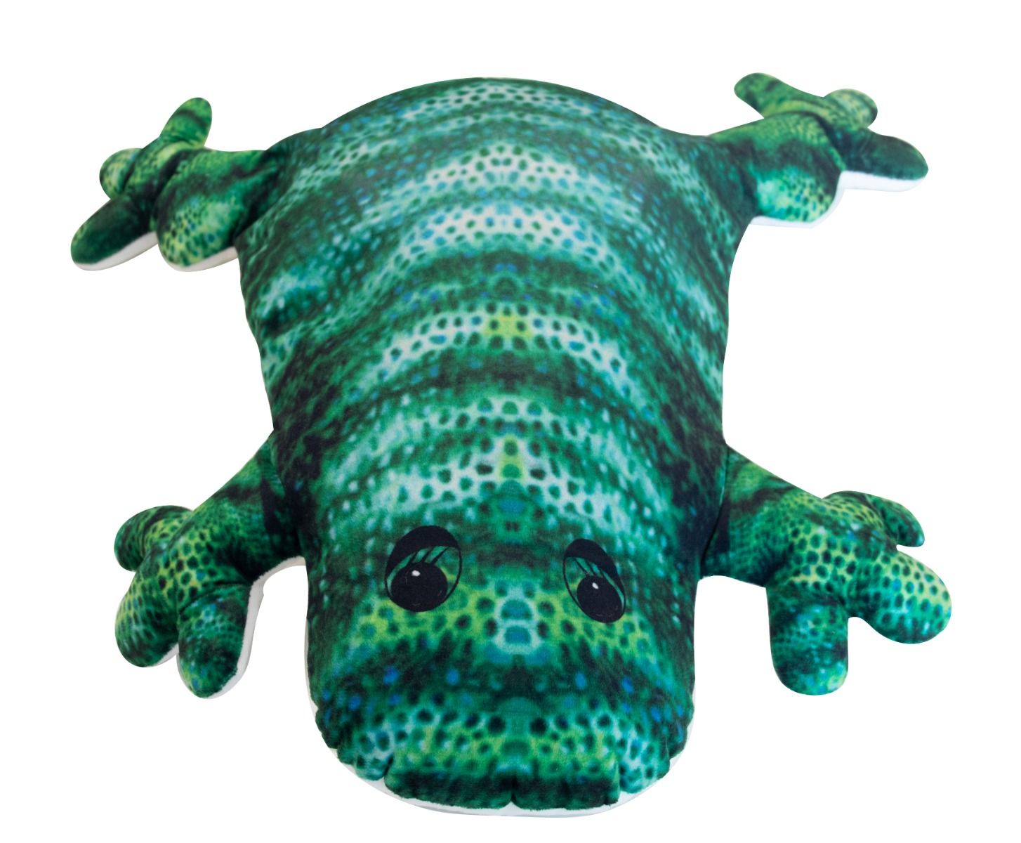 Knuffel Verzwaringsknuffel vert en forme de lézard. Motif vert et blanc. Sur fond blanc.