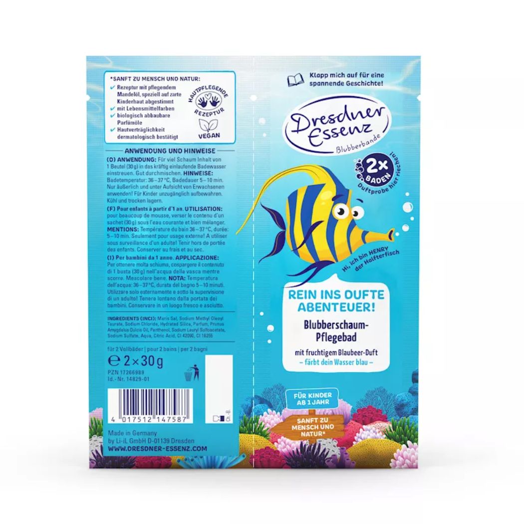 Verpakking van Dresdner Essenz Blubberschaum-Pflegebad HENRY Halfterfisch. Bevat 2 zakjes van 30g. Blauw visontwerp en tekst.