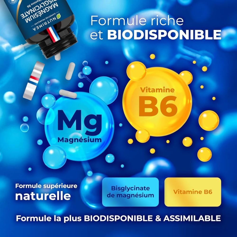 Infographie. Magnésium et vitamine B6. Formule. Bisglycinate de magnésium. Vitamine B6. Formule naturelle.