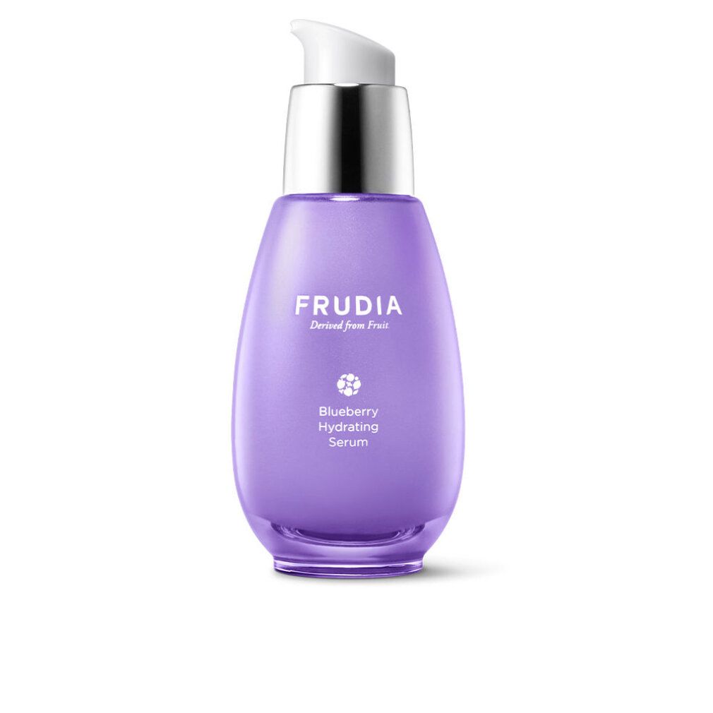 Paars glazen flesje met pompdos, FRUDIA Blueberry Hydrating Serum.