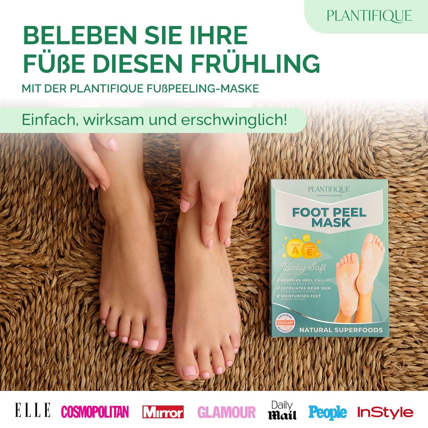 Femme avec pieds et emballage de masque pour les pieds. Texte : Foot Peel Mask, Vitamine A & E, Natural Superfoods. Logos de magazines : Elle, Cosmopolitan, Mirror, Glamour, Daily Mail, People, InStyle.