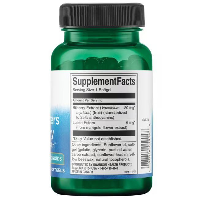 Achterkant groene fles Swanson Lutein Esters & Bosbes. Label met voedingswaarde en ingrediënten.