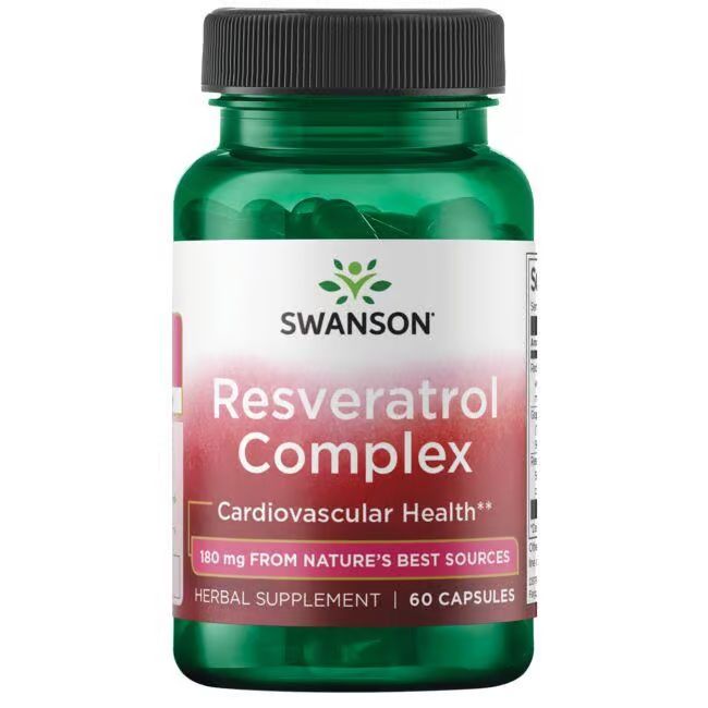Groene fles met capsules. Opschrift: SWANSON Resveratrol Complex. 60 capsules. Kruidensupplement.