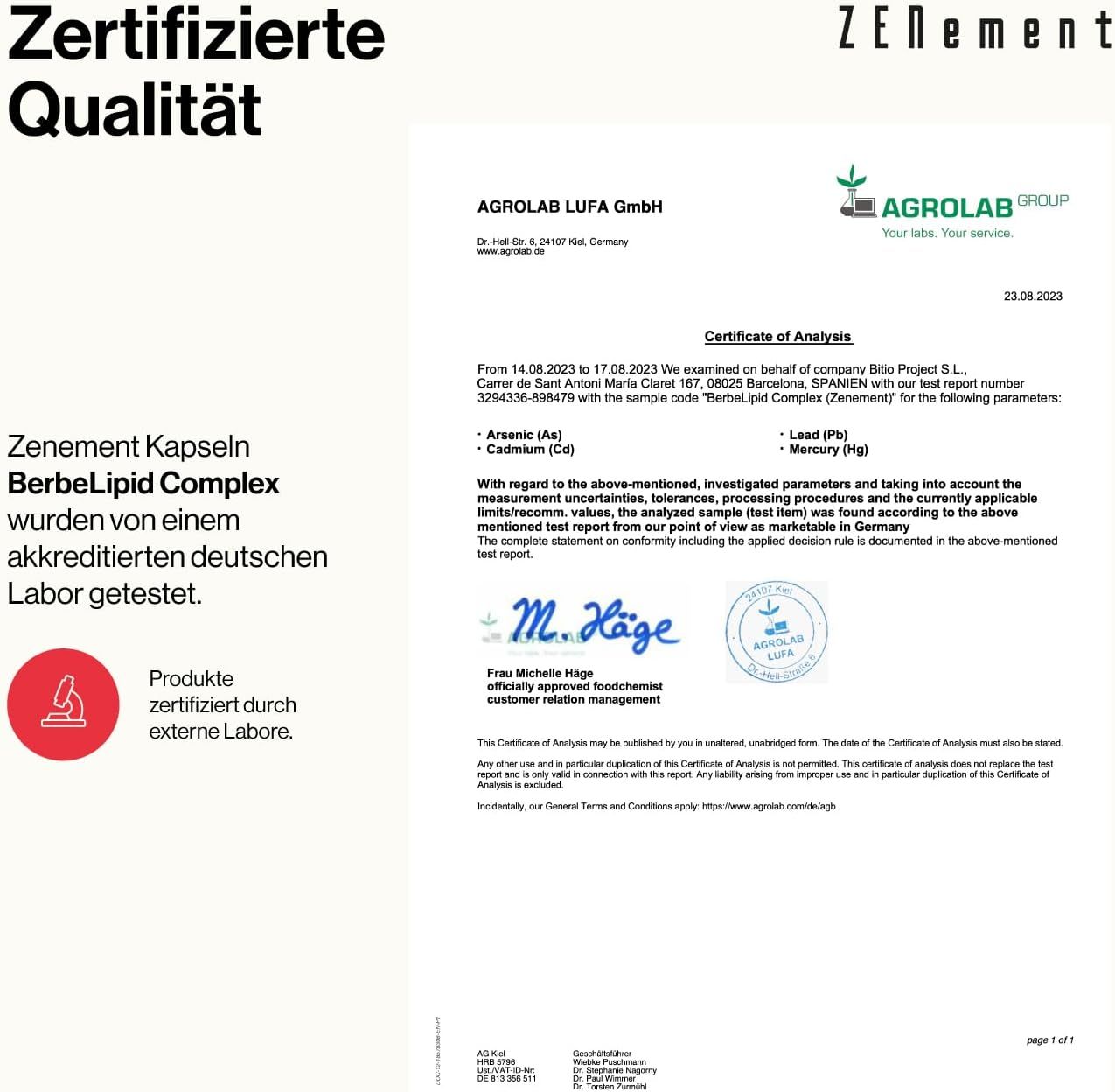 Certificat d'Agrolab LUFA GmbH. Certifie la qualité des gélules Zenement BerbeLipid Complex. Laboratoire allemand accrédité.