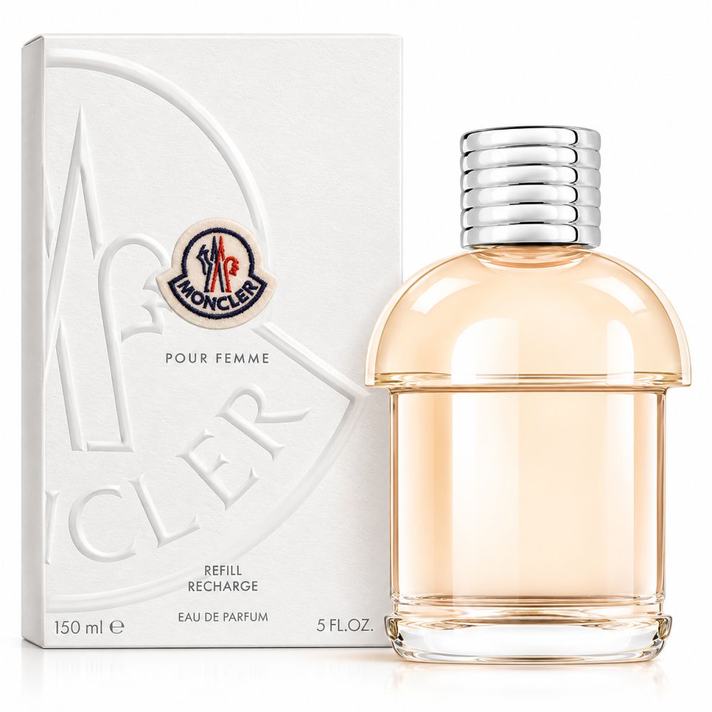 Moncler Pour Femme Eau de Parfum, 150 ml. Glazen fles met zilveren dop en witte kartonnen verpakking.