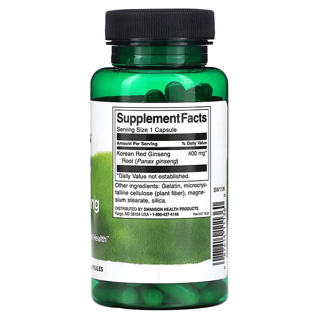 Flacon vert avec capsules. Dos avec informations nutritionnelles: Korean Red Ginseng Root, 400 mg.