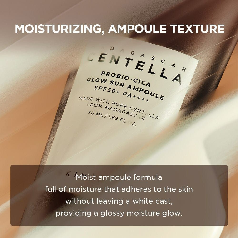 Étiquette du produit. Texte: MADAGASCAR CENTELLA, PROBIO-CICA GLOW SUN AMPULLE SPF50+ PA++++. Hydratant.