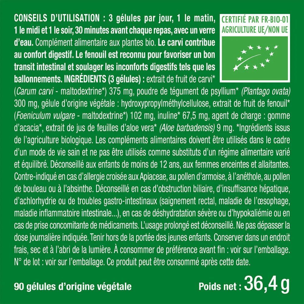 Texte avec instructions d'utilisation et ingrédients. HERBACOL BIO, 90 gélules. Poids 36,4 g. Certification bio UE.