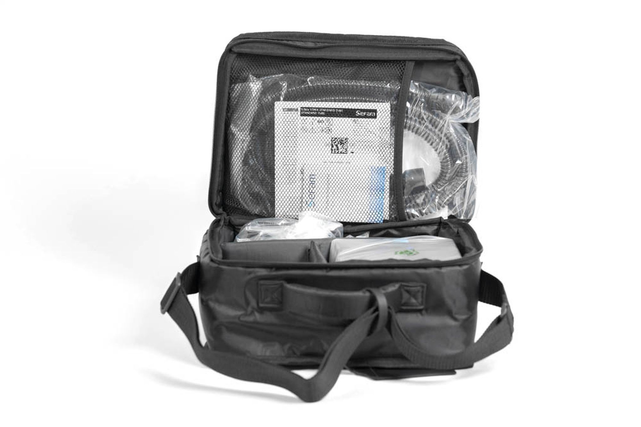 Open Sefam Néa DUO ST draagtas met apparaat en accessoires.