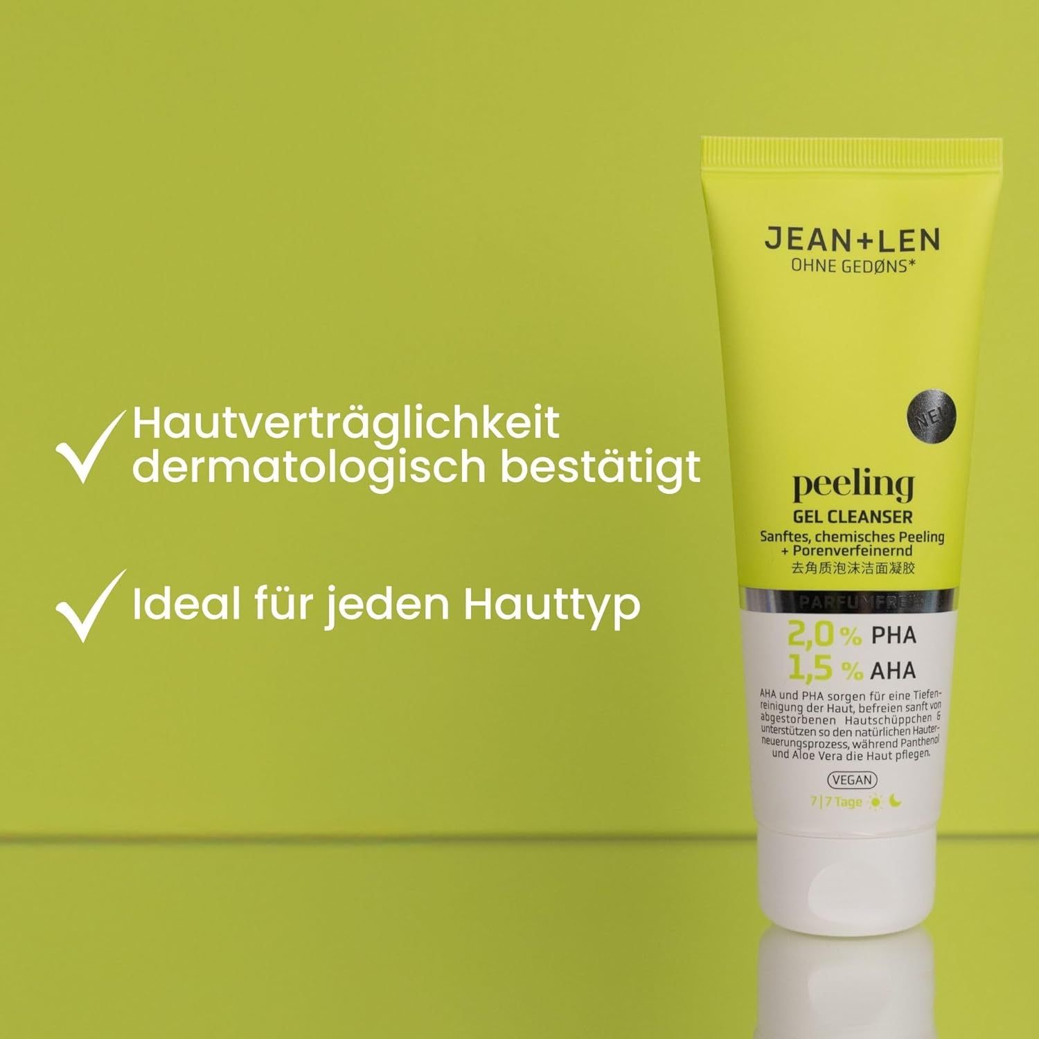 Tube de gel nettoyant jaune. Avec texte et inscription. Testé dermatologiquement. Idéal pour tous les types de peau.