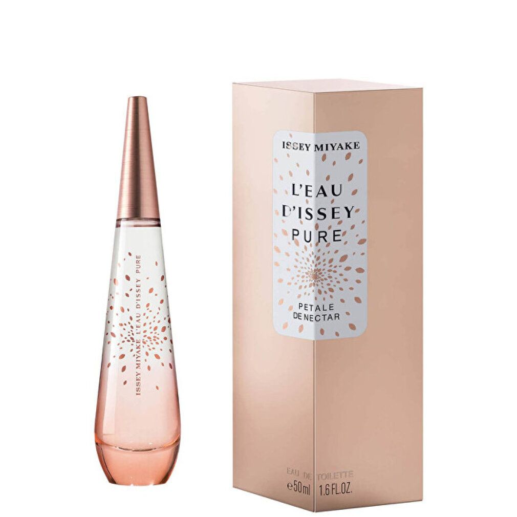 Flacon et boîte de parfum. Flacon en forme de goutte, dégradé de rose. Boîte beige, avec inscription: Issey Miyake L'Eau d'Issey Pure.