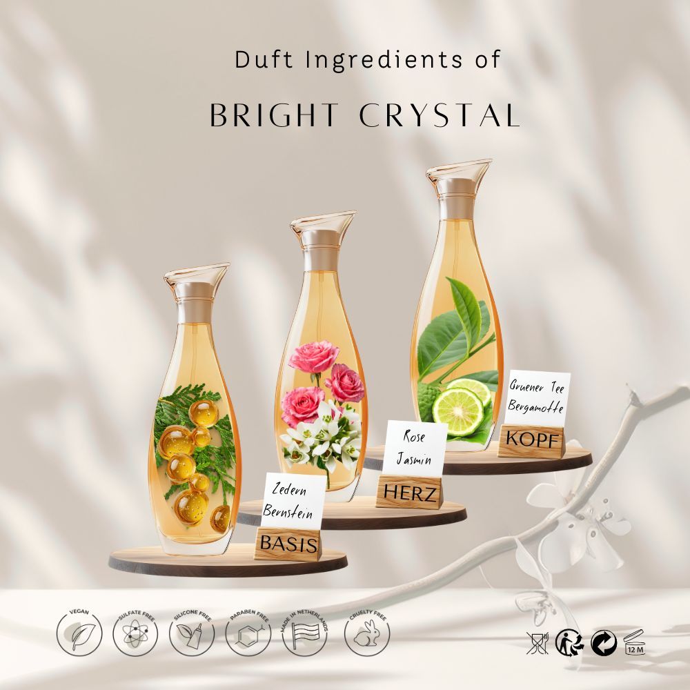 Trois flacons avec ingrédients. Texte: Bright Crystal. Notes: Cèdre, Rose, Jasmin, Thé vert. Base, Cœur, Tête.
