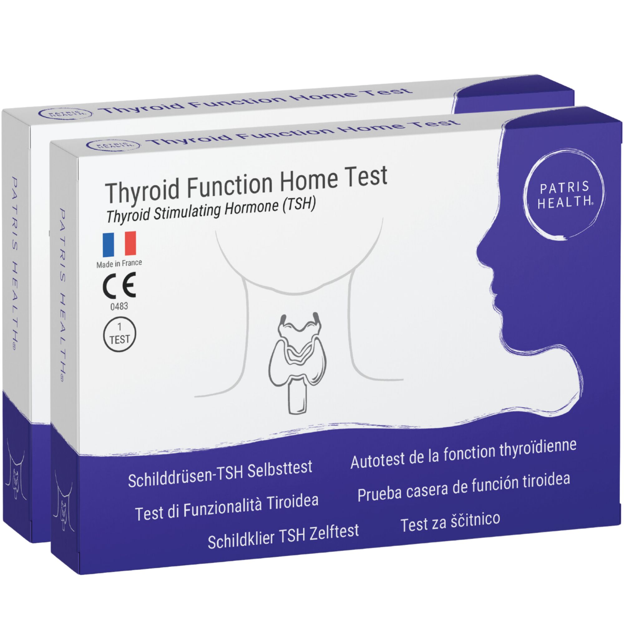 Deux boîtes de Patris Health® Test TSH thyroïdien. Emballage avec nom du produit et logo.