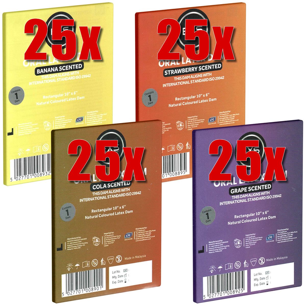 Quatre boîtes de digues en latex EXS. Chaque boîte indique "25x". Saveurs : banane, fraise, cola, raisin. Rectangulaire, 10" x 6".