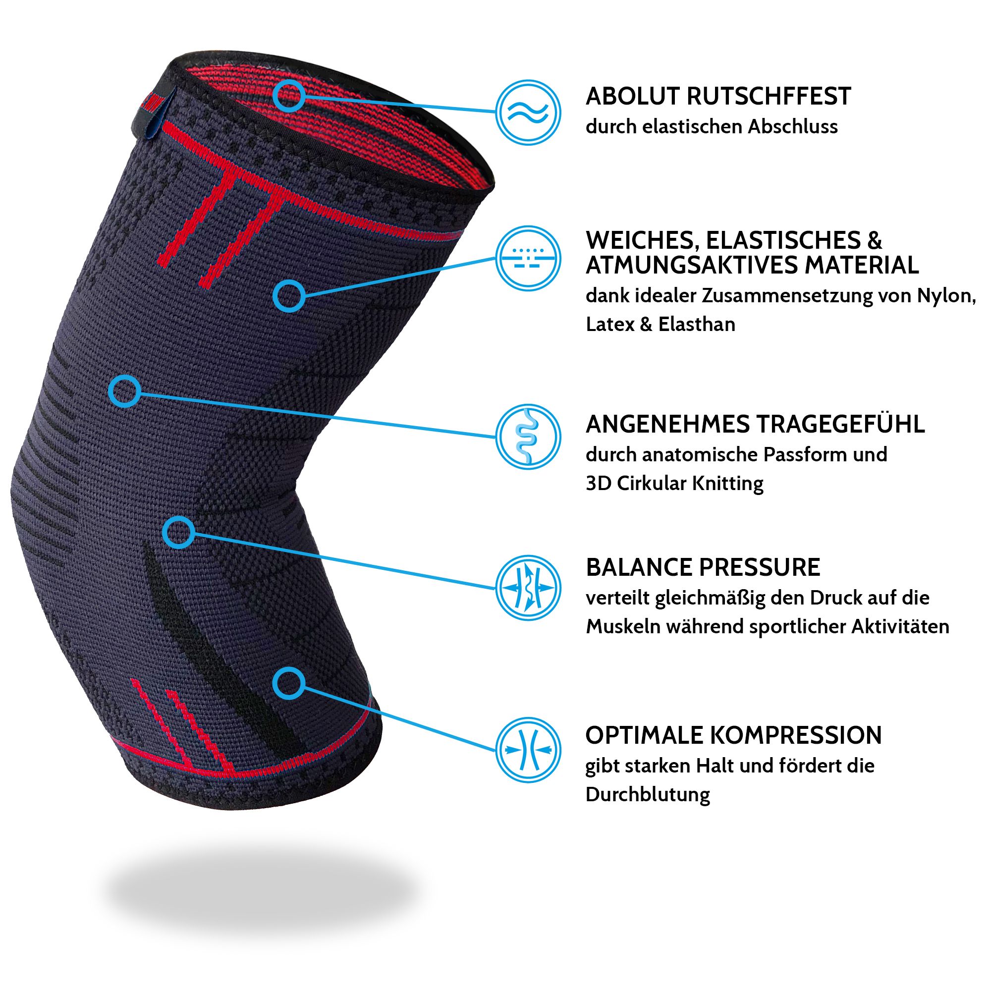 Elleboogbrace. Antraciet met rode accenten. Anatomische pasvorm. Materiaal: nylon, latex, elastaan. Eigenschappen: ademend, elastisch.