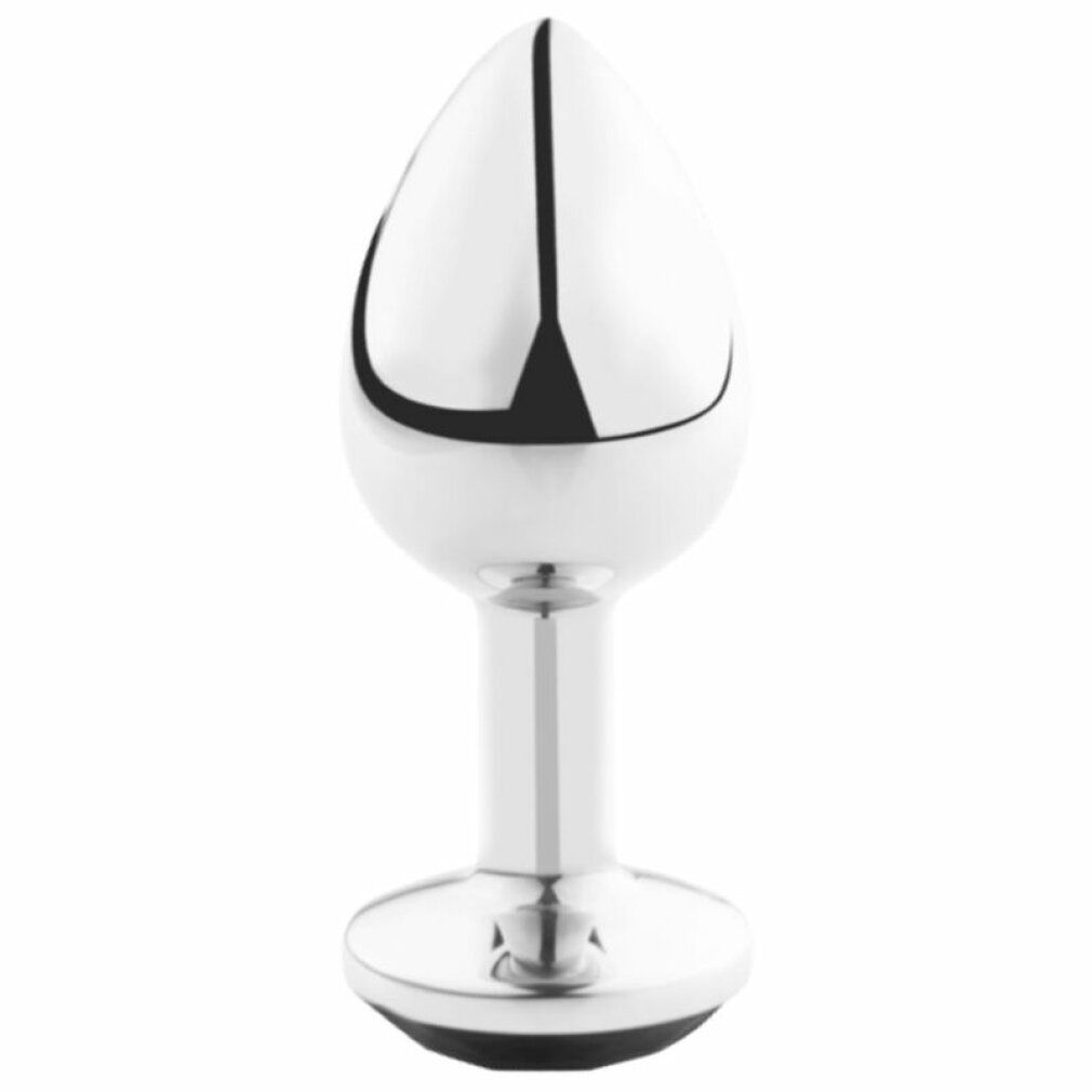 Plug anal en métal brillant de forme effilée avec une large base. Ornement de pierre noire.