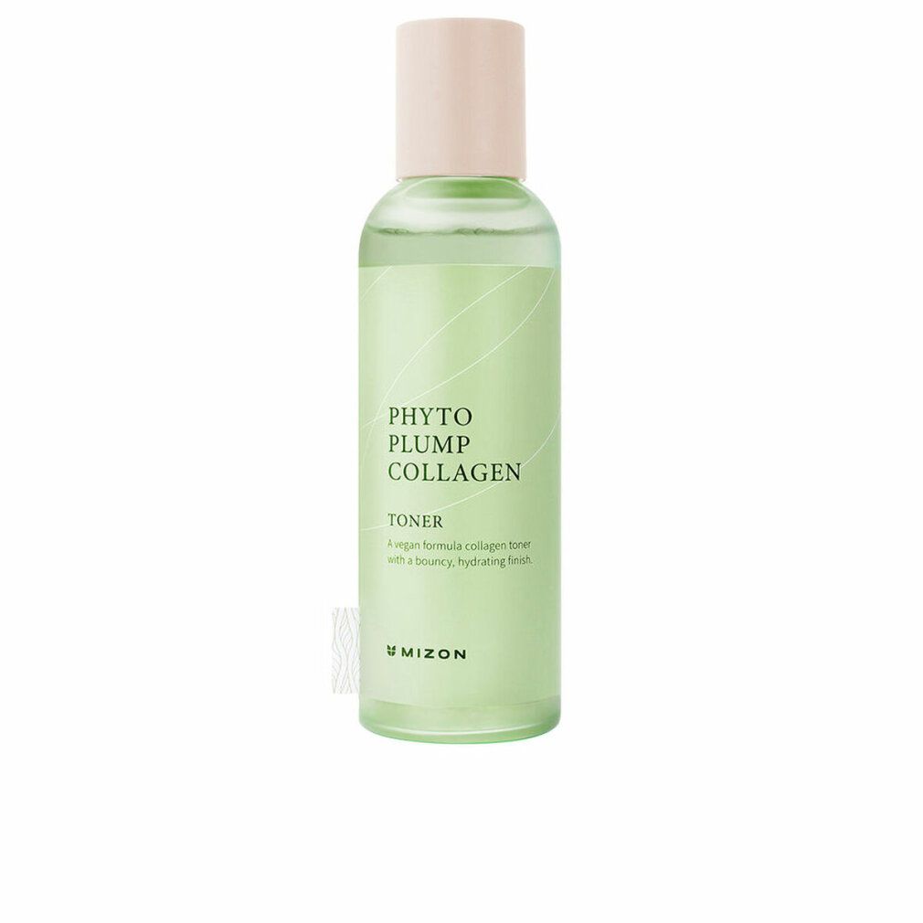 Groene fles met roze dop. Opschrift: Phyto Plump Collagen Toner. Merk: MIZON.