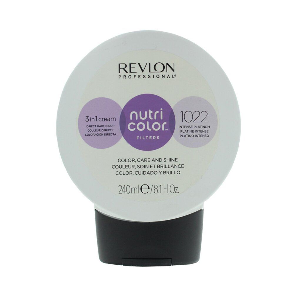 Haarkleurproduct van Revlon. Ronde tube met zwarte dop. Opschrift: Nutri Color Filters 1022 Intense Platinum. 3-in-1 crème.