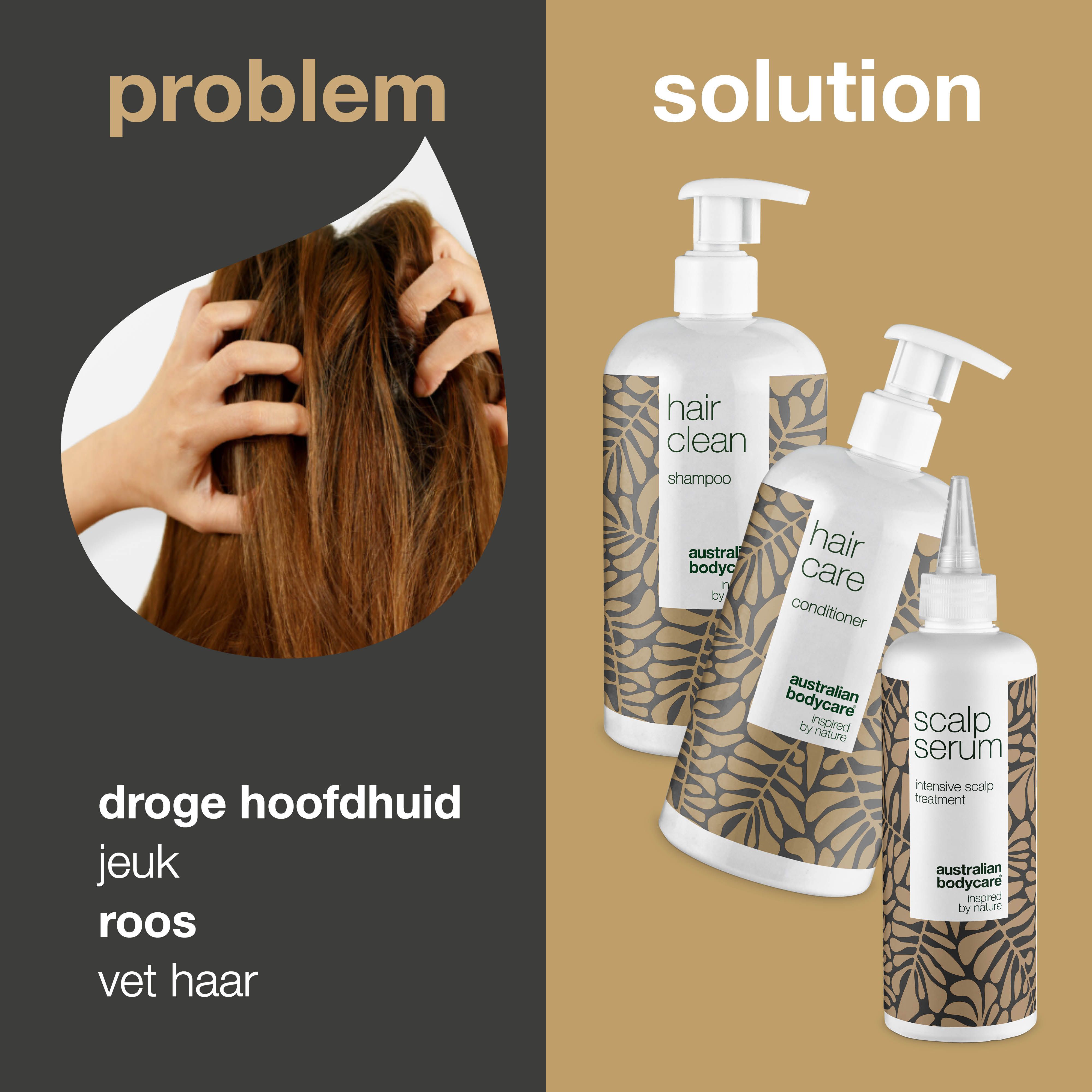 Haar en handen. Links: problemen zoals droge hoofdhuid, jeuk, roos, vet haar. Rechts: drie flessen Australian Bodycare.