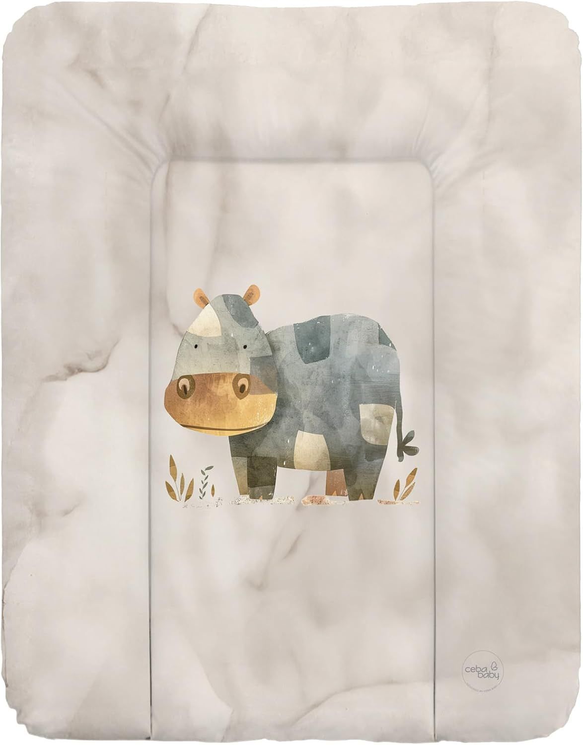Wickelauflage met grijs marmerpatroon en een nijlpaardmotief. Afgeronde hoeken. Logo "ceba baby" zichtbaar.