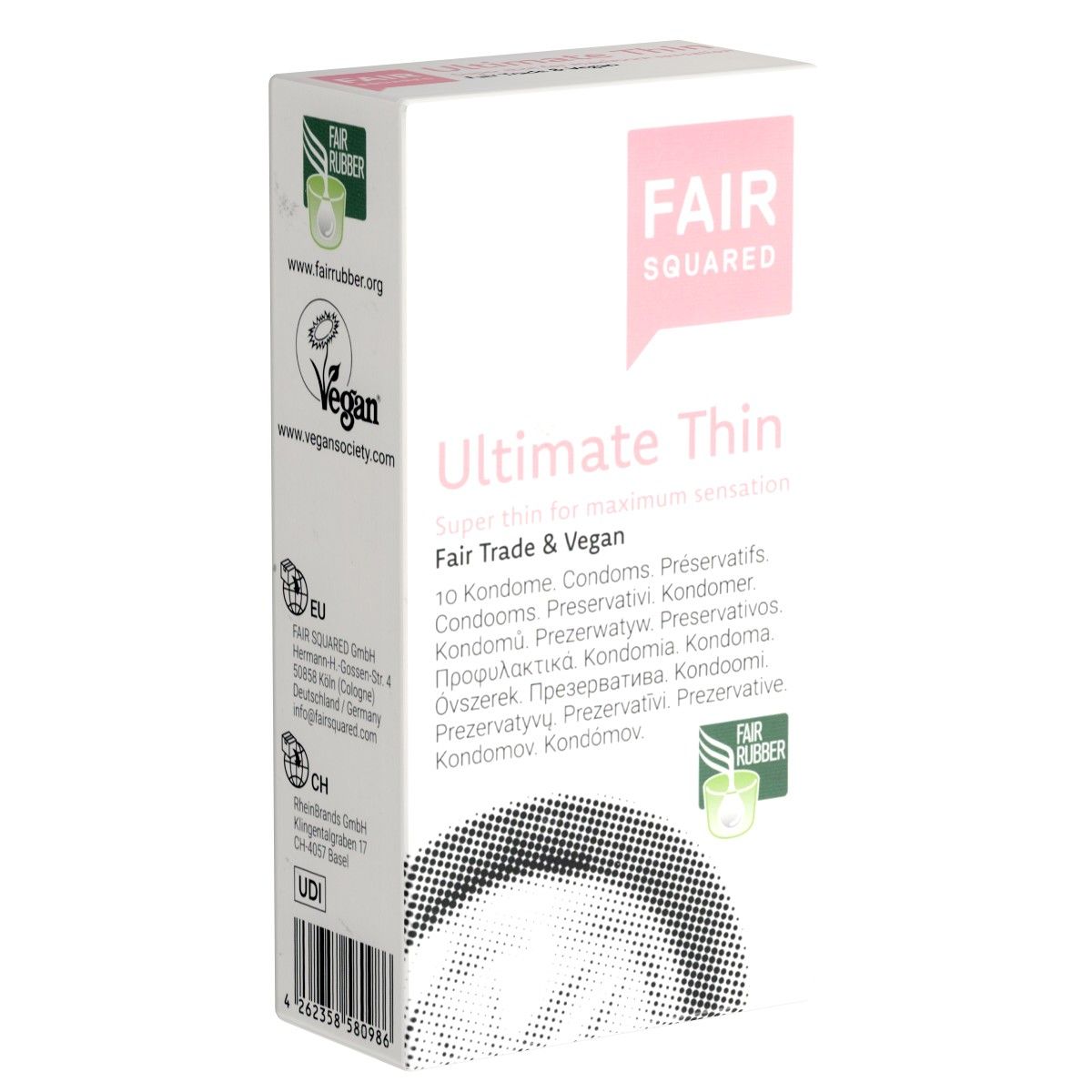 Emballage de préservatifs Fair Squared Ultimate Thin. 10 unités, Commerce Équitable & Vegan.