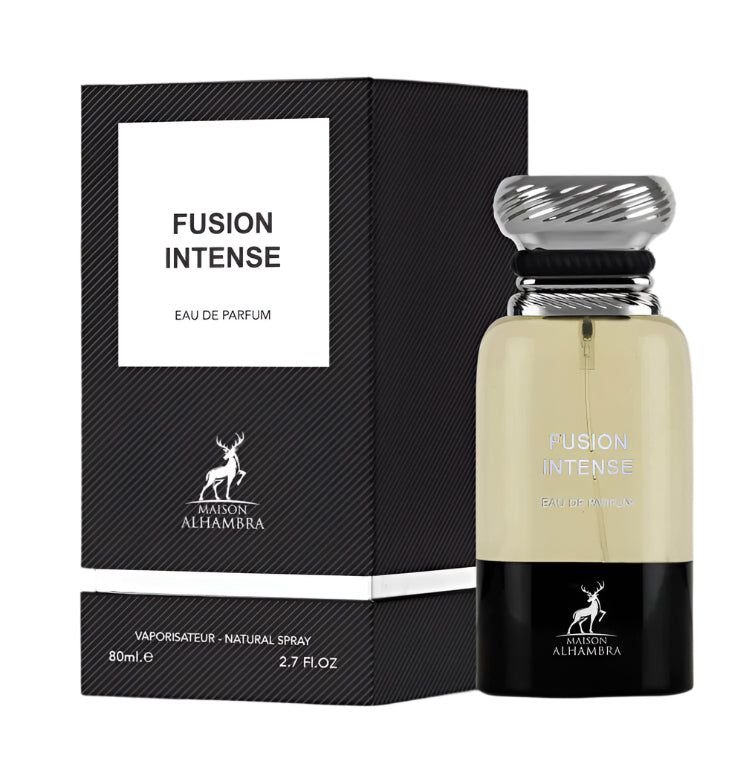 Maison Alhambra Fusion Intense Eau de Parfum flacon 80ml avec boîte et bâtons d'encens.