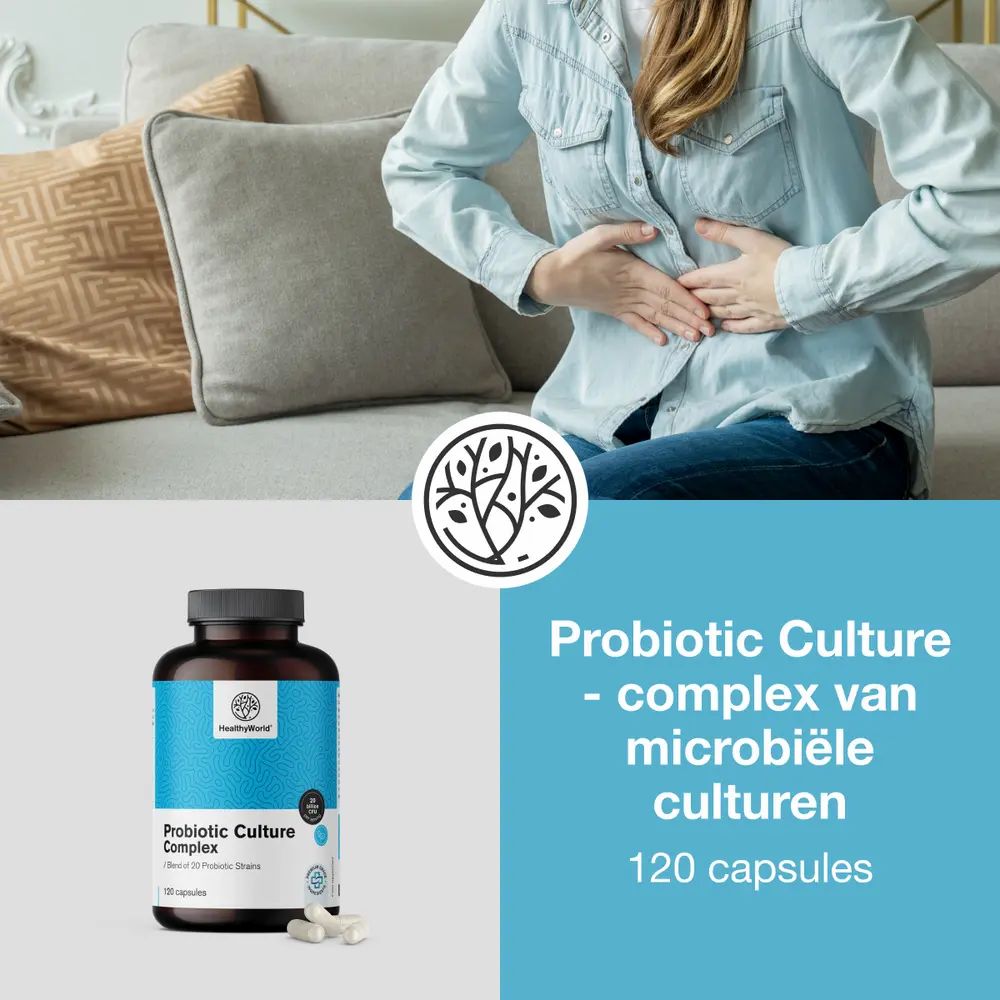 Vrouw met buikpijn. Fles Probiotic Culture Complex. Tekst: 120 capsules.