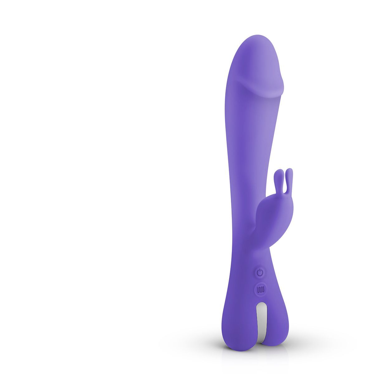 Paarse vibrator met konijnenoren. Drie knoppen en een witte lijn. Op witte achtergrond.